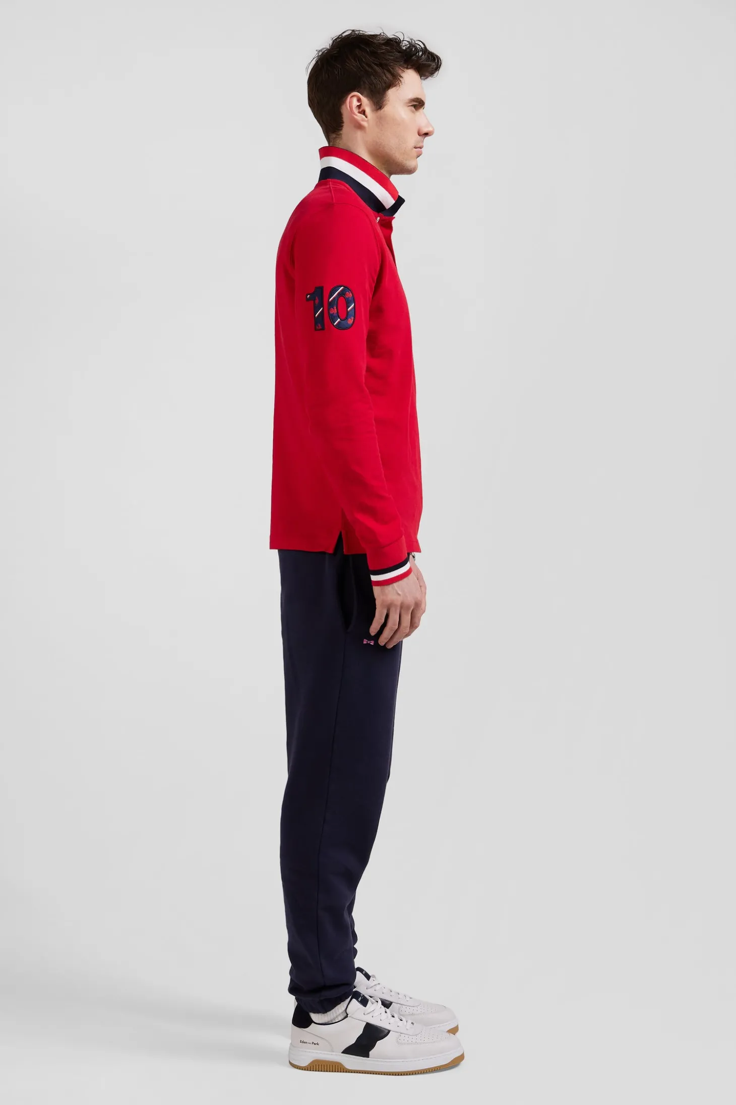 Polo manches longues en piqué coton rouge broderie XV de France coupe Regular