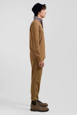 Polo manches longues en piqué coton camel col cerclé coupe Regular
