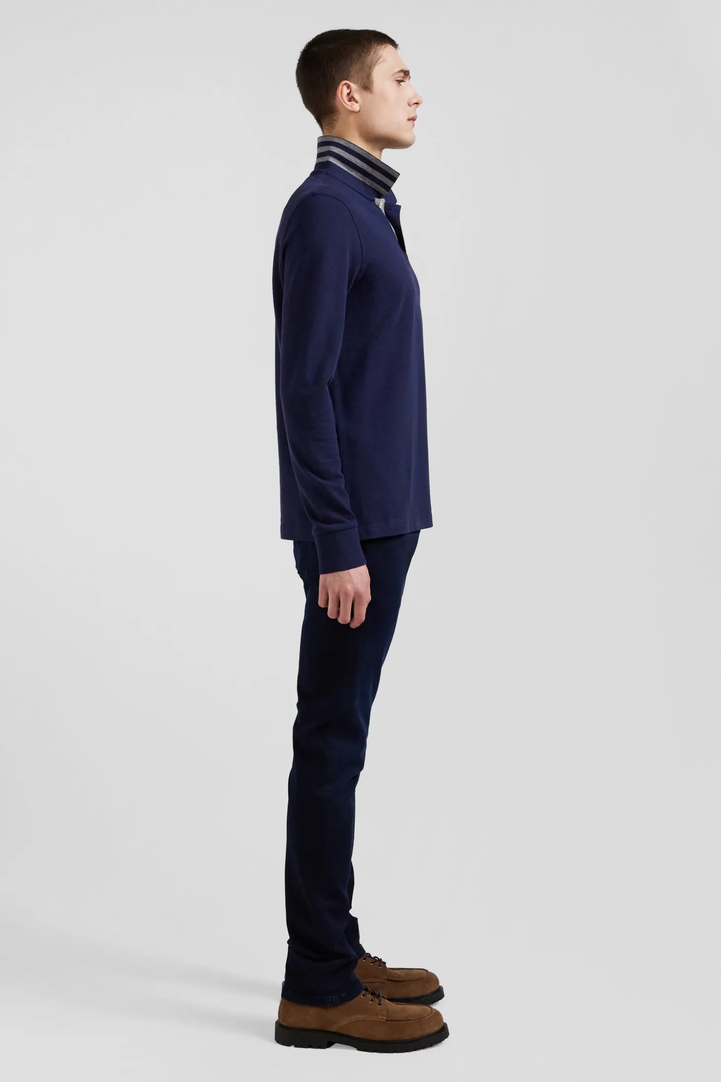 Polo manches longues en piqué coton bleu marine