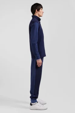 Polo manches longues en piqué coton bleu marine col jacquard écusson gomme coupe Regular