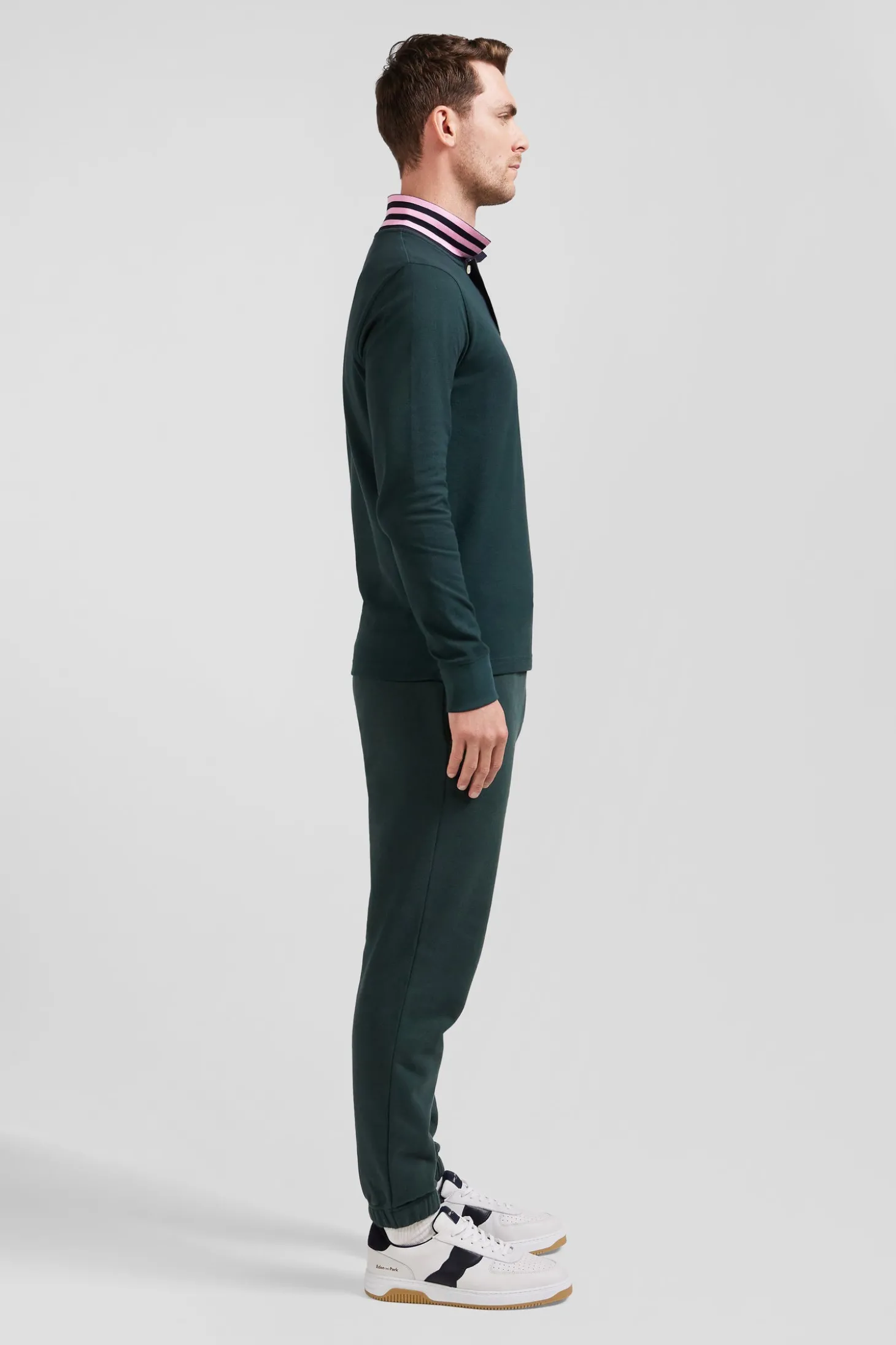 Polo manches longues en piqué coton vert foncé coupe Regular