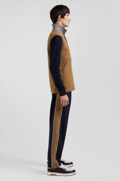 Polo manches longues en piqué coton bicolore camel col jacquard coupe Regular