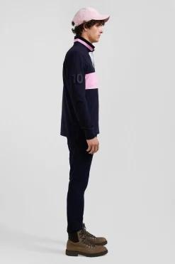 Polo manches longues en piqué coton bleu marine broderie matelassée coupe Regular