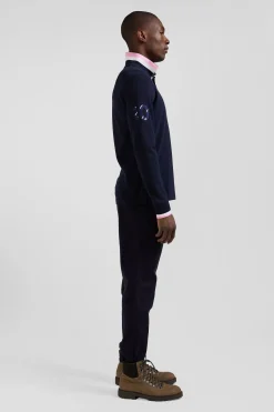 Polo manches longues en piqué coton bleu marine broderie XV de France coupe Regular