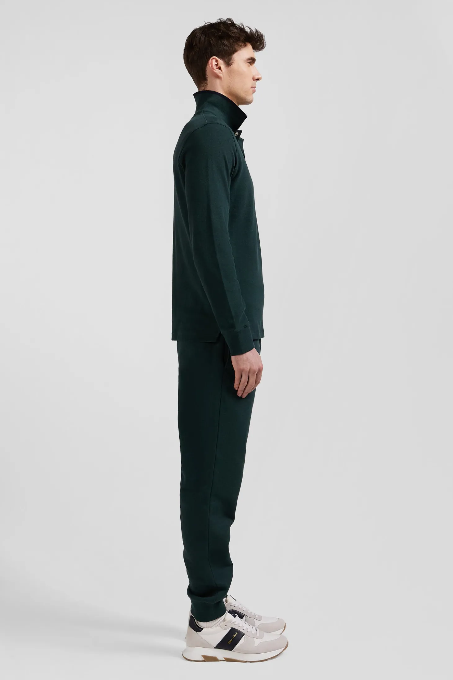 Polo manches longues en piqué coton vert détails roses coupe Regular