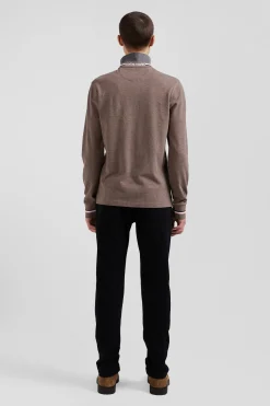Polo manches longues en piqué coton marron écusson gomme coupe Regular