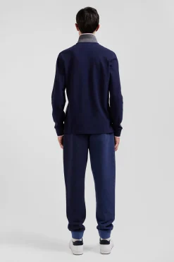 Polo manches longues en piqué coton gris détails tricolores coupe Regular