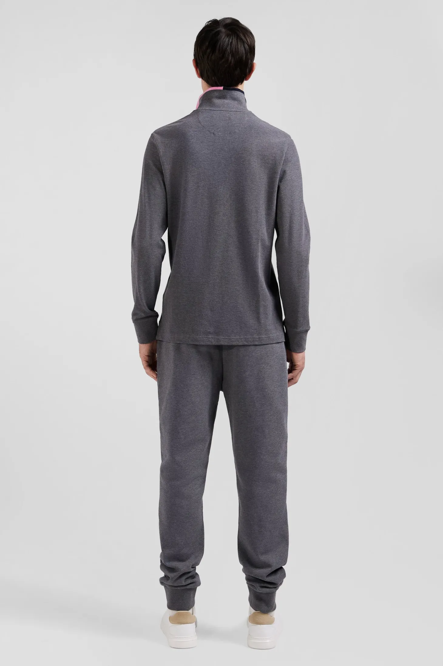Polo manches longues en piqué coton gris détails roses coupe Regular