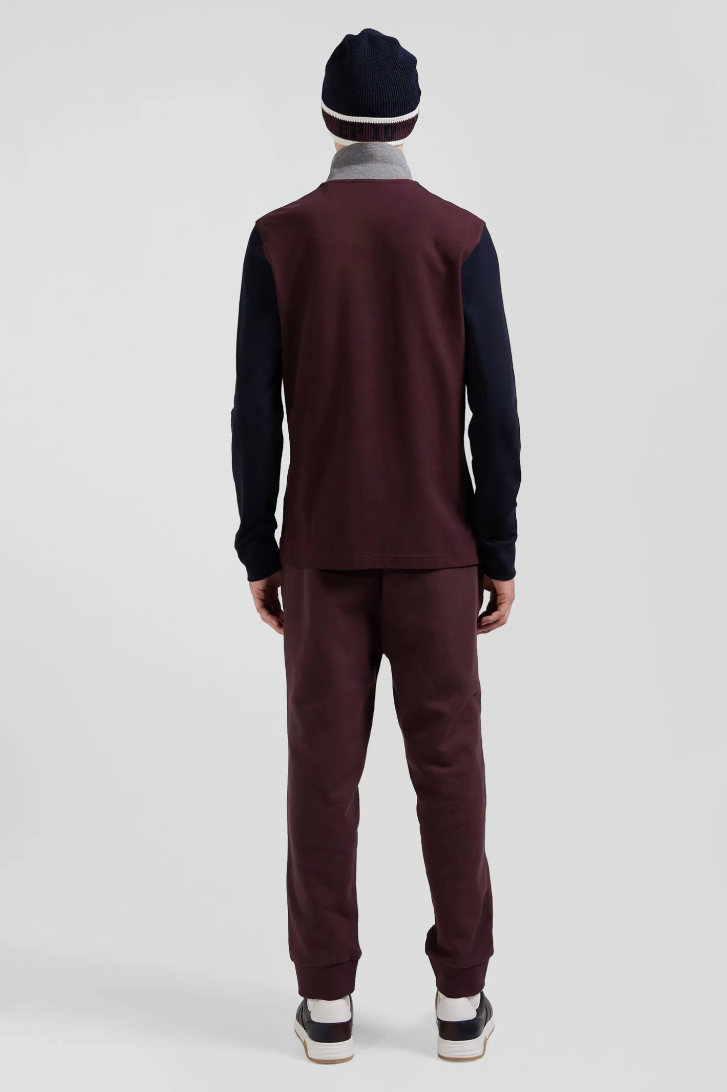 Polo manches longues en piqué coton bicolore bordeaux col jacquard coupe Regular