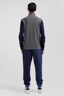 Polo manches longues en piqué coton gris col jacquard écusson gomme coupe Regular