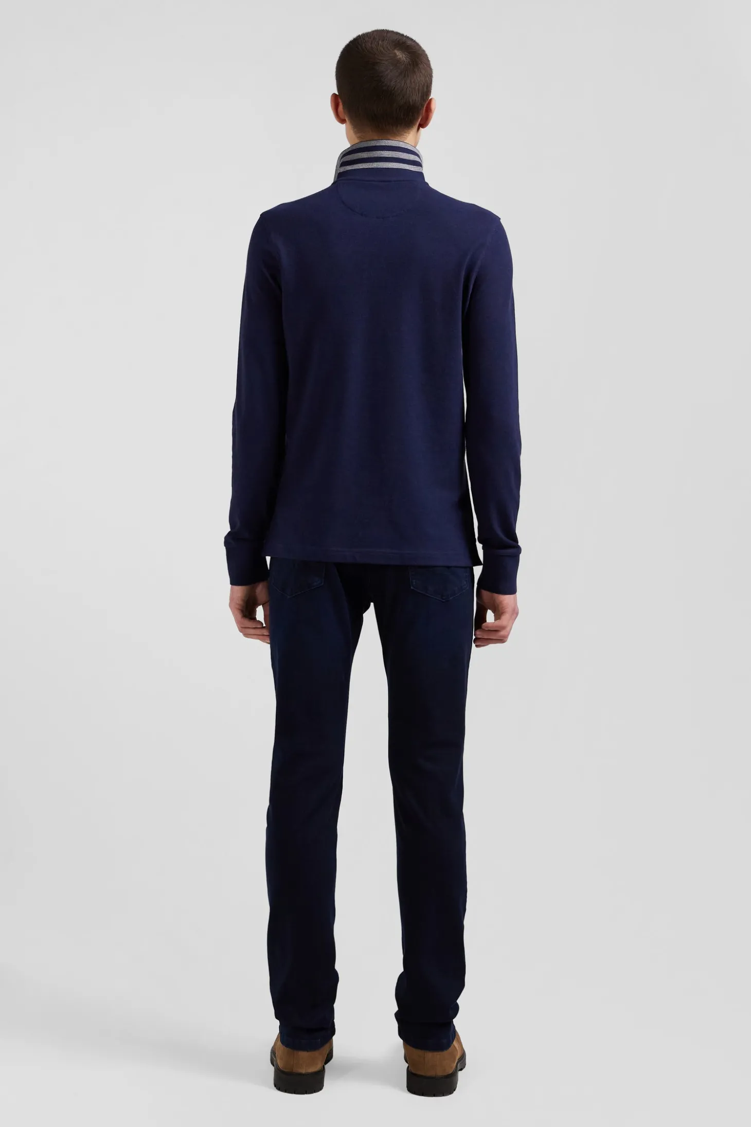Polo manches longues en piqué coton bleu marine