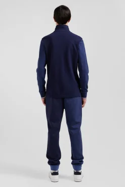 Polo manches longues en piqué coton bleu marine col jacquard écusson gomme coupe Regular