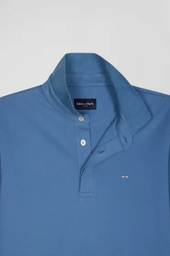 Polo manches longues en piqué coton bleu coupe Slim