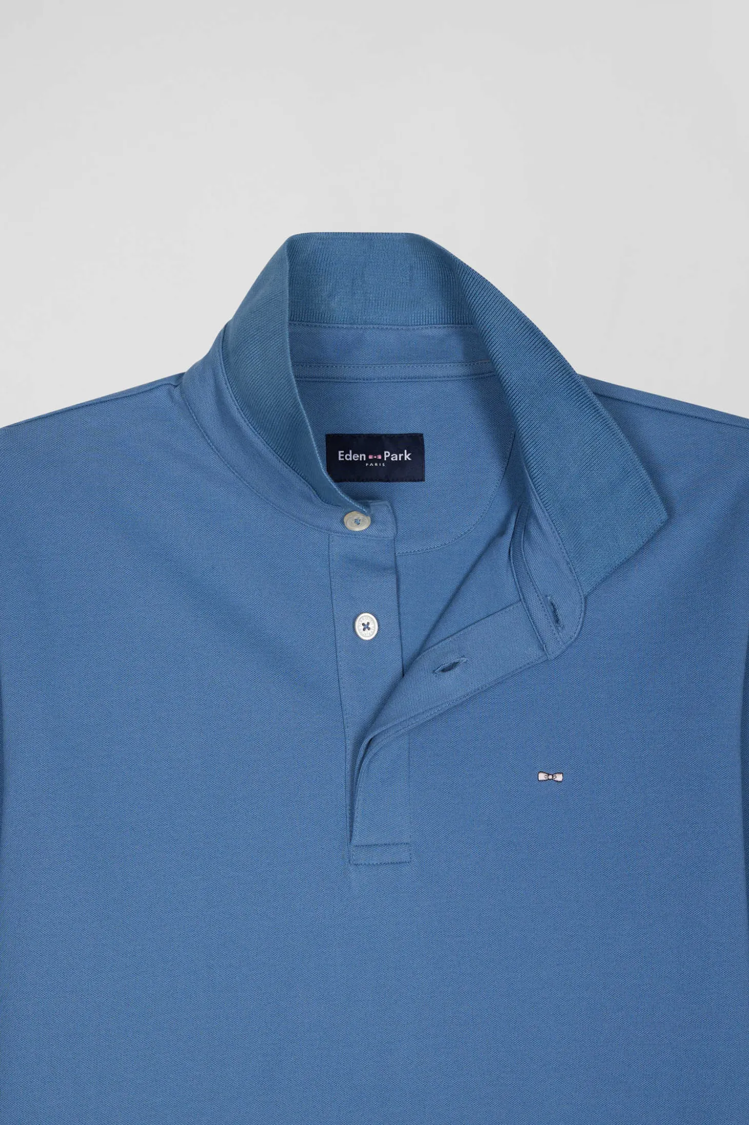 Polo manches longues en piqué coton bleu coupe Slim