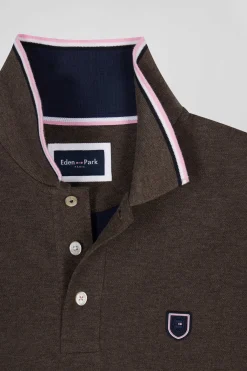 Polo manches longues en piqué coton marron détails tricolores coupe Regular