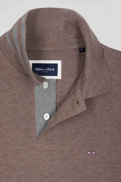 Polo manches longues en piqué coton marron
