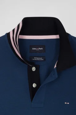 Polo manches longues en piqué coton bleu foncé col cerclé coupe Regular