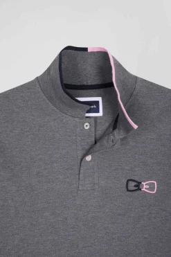 Polo manches longues en piqué coton gris détails roses coupe Regular