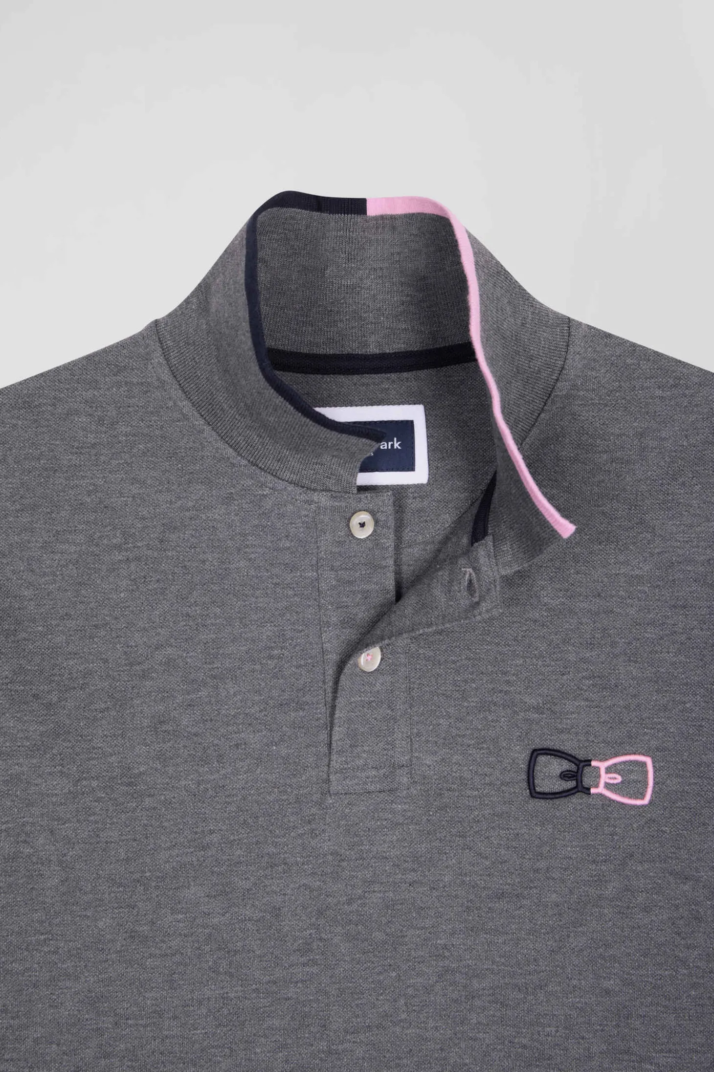 Polo manches longues en piqué coton gris détails roses coupe Regular