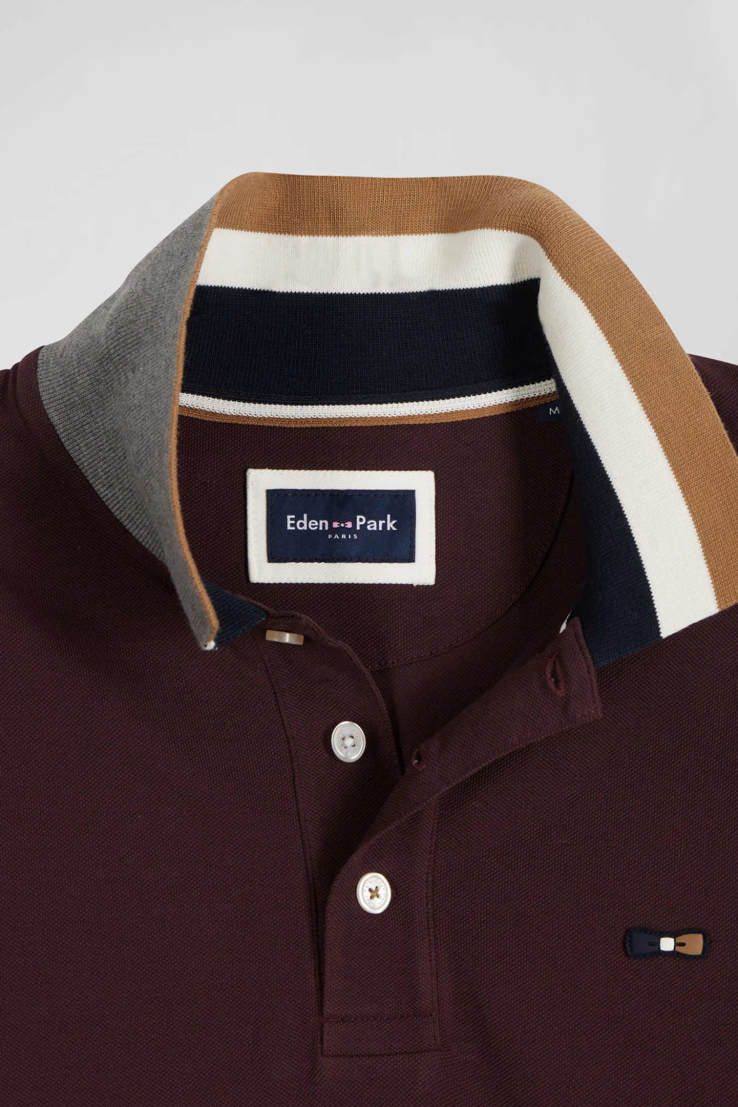 Polo manches longues en piqué coton bicolore bordeaux col jacquard coupe Regular