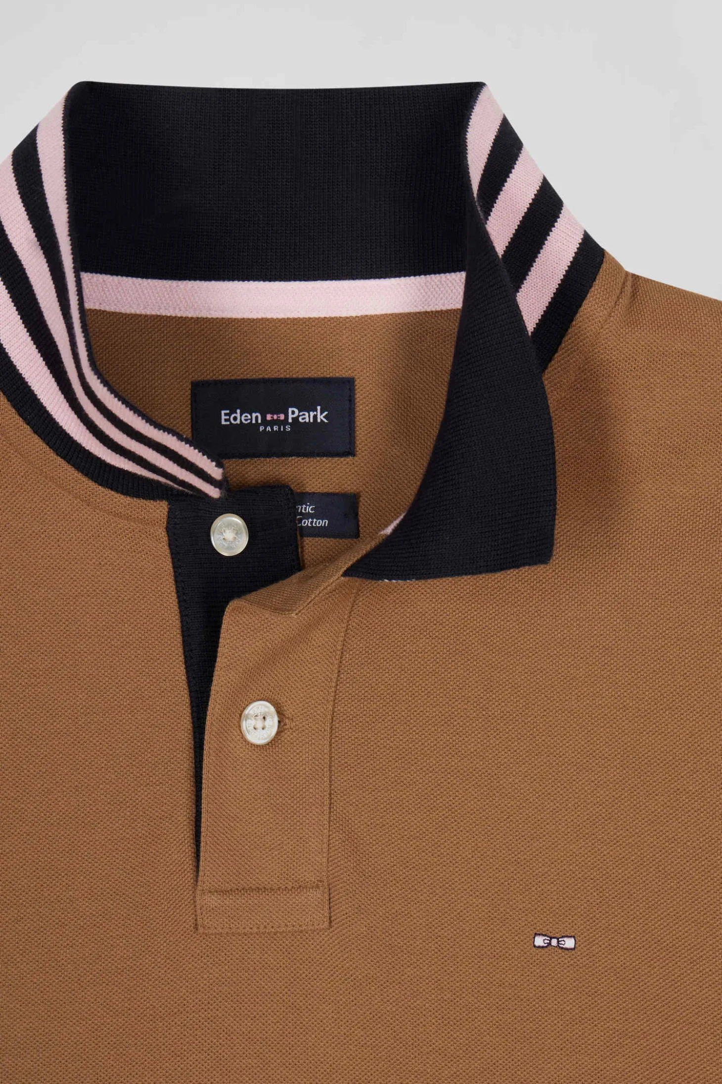 Polo manches longues en piqué coton camel col cerclé coupe Regular