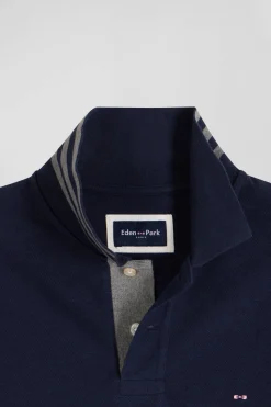 Polo manches longues en piqué coton bleu marine