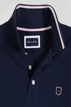 Polo manches longues en piqué coton bleu marine col jacquard écusson gomme coupe Regular