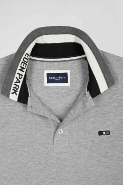 Polo manches longues en piqué coton bicolore noir col jacquard coupe Regular