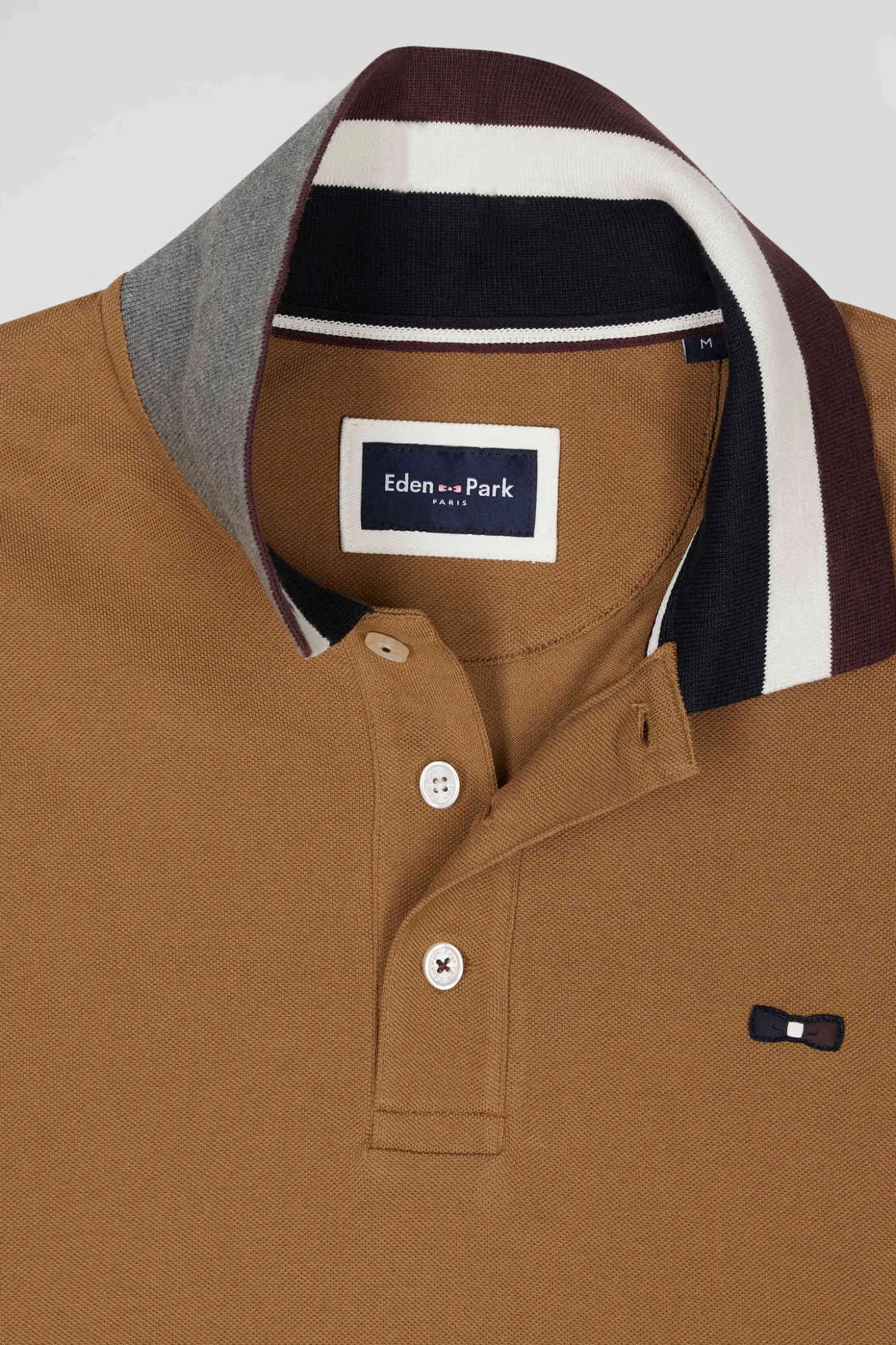 Polo manches longues en piqué coton bicolore camel col jacquard coupe Regular