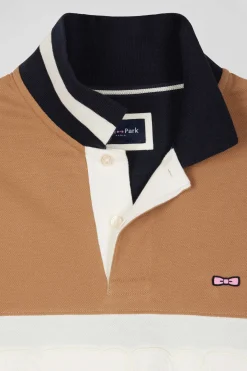 Polo manches longues en piqué coton camel broderie matelassée coupe Regular