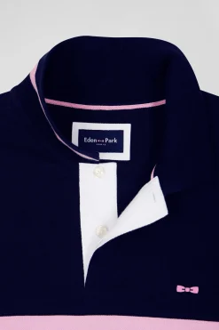 Polo manches longues en piqué coton bleu marine broderie matelassée coupe Regular
