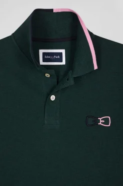 Polo manches longues en piqué coton vert détails roses coupe Regular