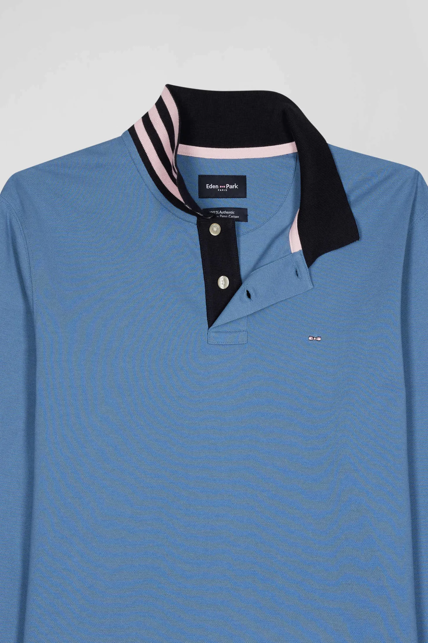 Polo manches longues en piqué coton ciel col cerclé coupe Regular