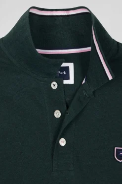 Polo manches longues en piqué coton vert col jacquard écusson gomme coupe Regular