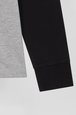 Polo manches longues en piqué coton bicolore noir col jacquard coupe Regular