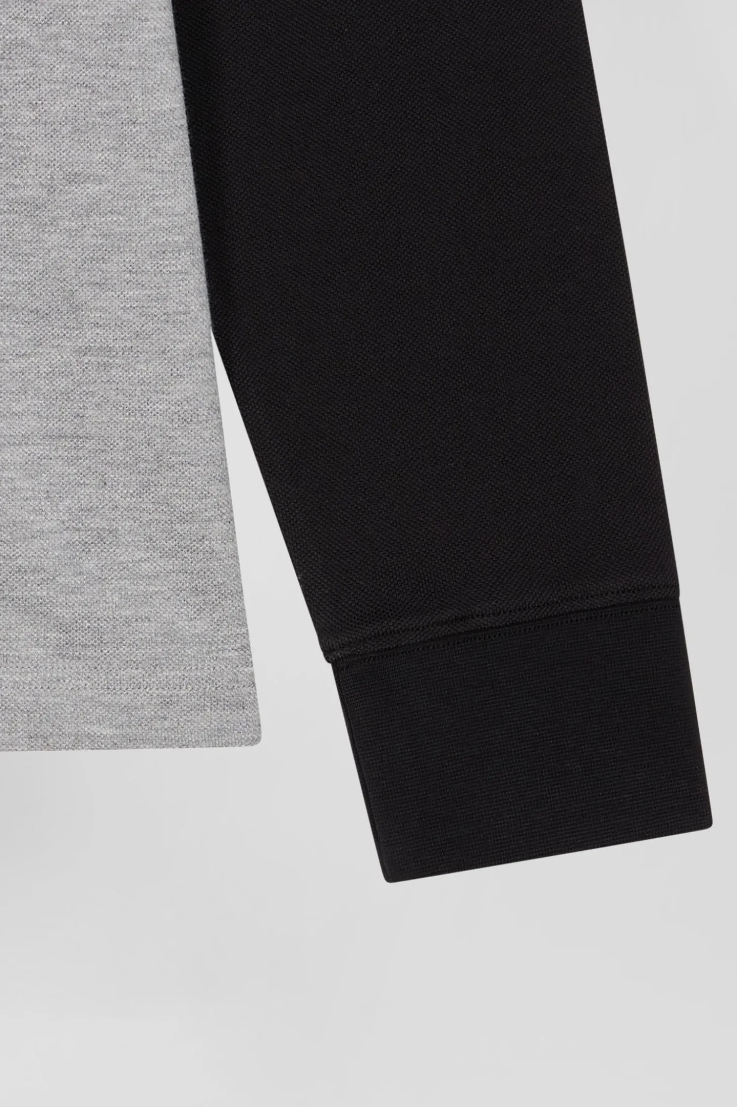Polo manches longues en piqué coton bicolore noir col jacquard coupe Regular