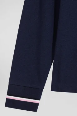 Polo manches longues en piqué coton bleu marine écusson gomme coupe Regular