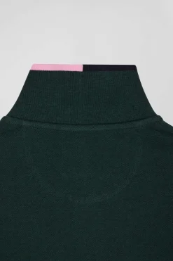 Polo manches longues en piqué coton vert détails roses coupe Regular