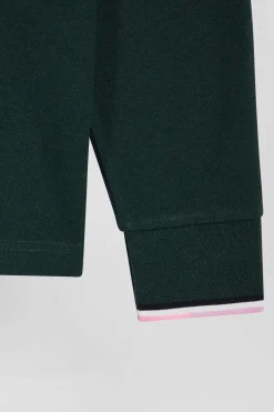 Polo manches longues en piqué coton vert détails tricolores coupe Regular