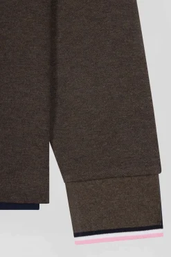 Polo manches longues en piqué coton marron détails tricolores coupe Regular