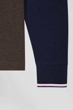 Polo manches longues en piqué coton marron col jacquard écusson gomme coupe Regular