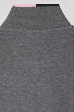Polo manches longues en piqué coton gris détails roses coupe Regular