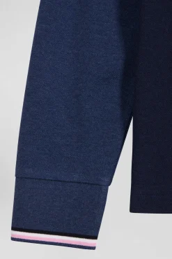 Polo manches longues en piqué coton bleu marine col jacquard écusson gomme coupe Regular