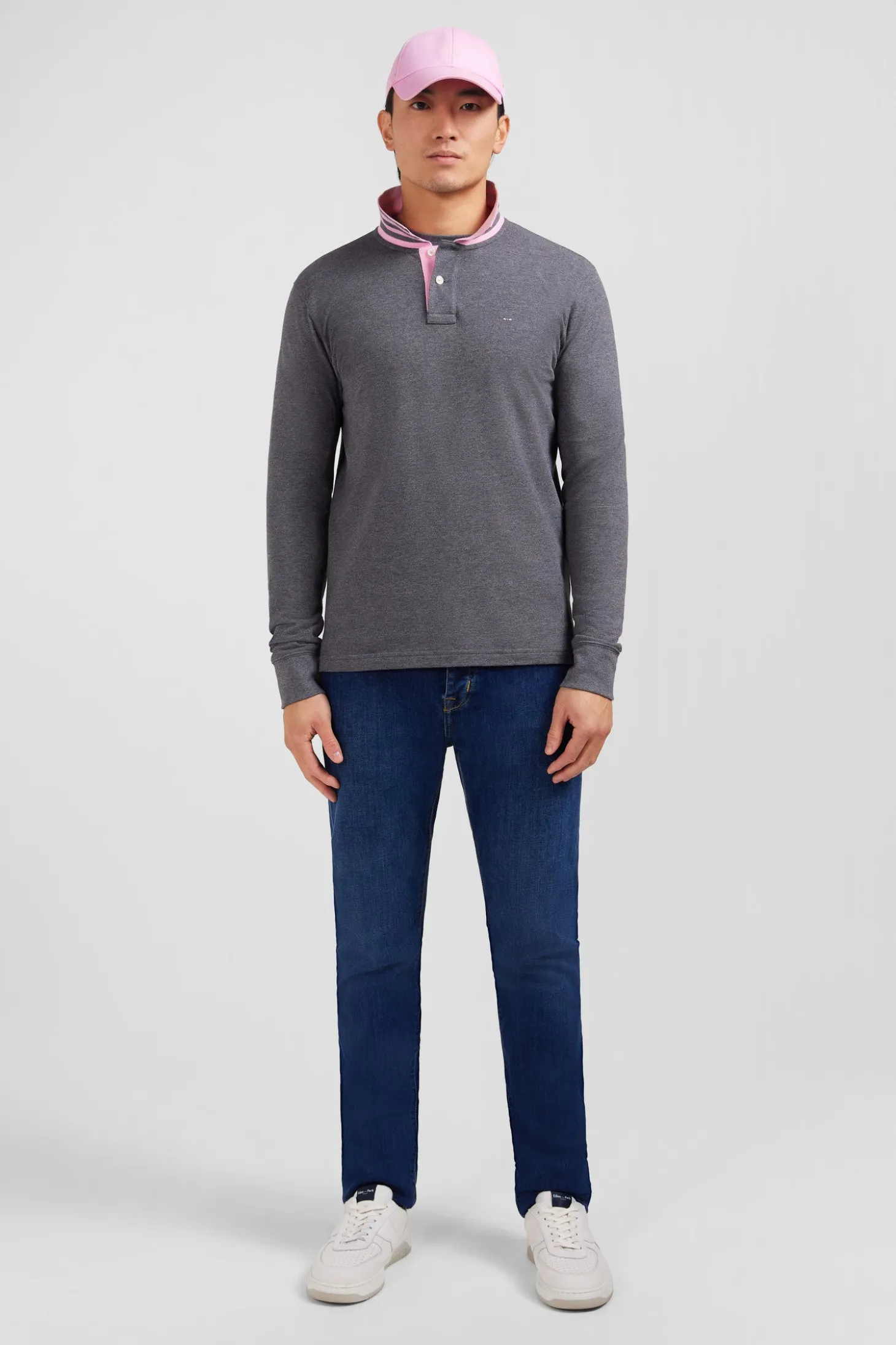 Polo manches longues gris en coton avec col contrasté