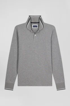 Polo manches longues gris en coton stretch finitions rayées