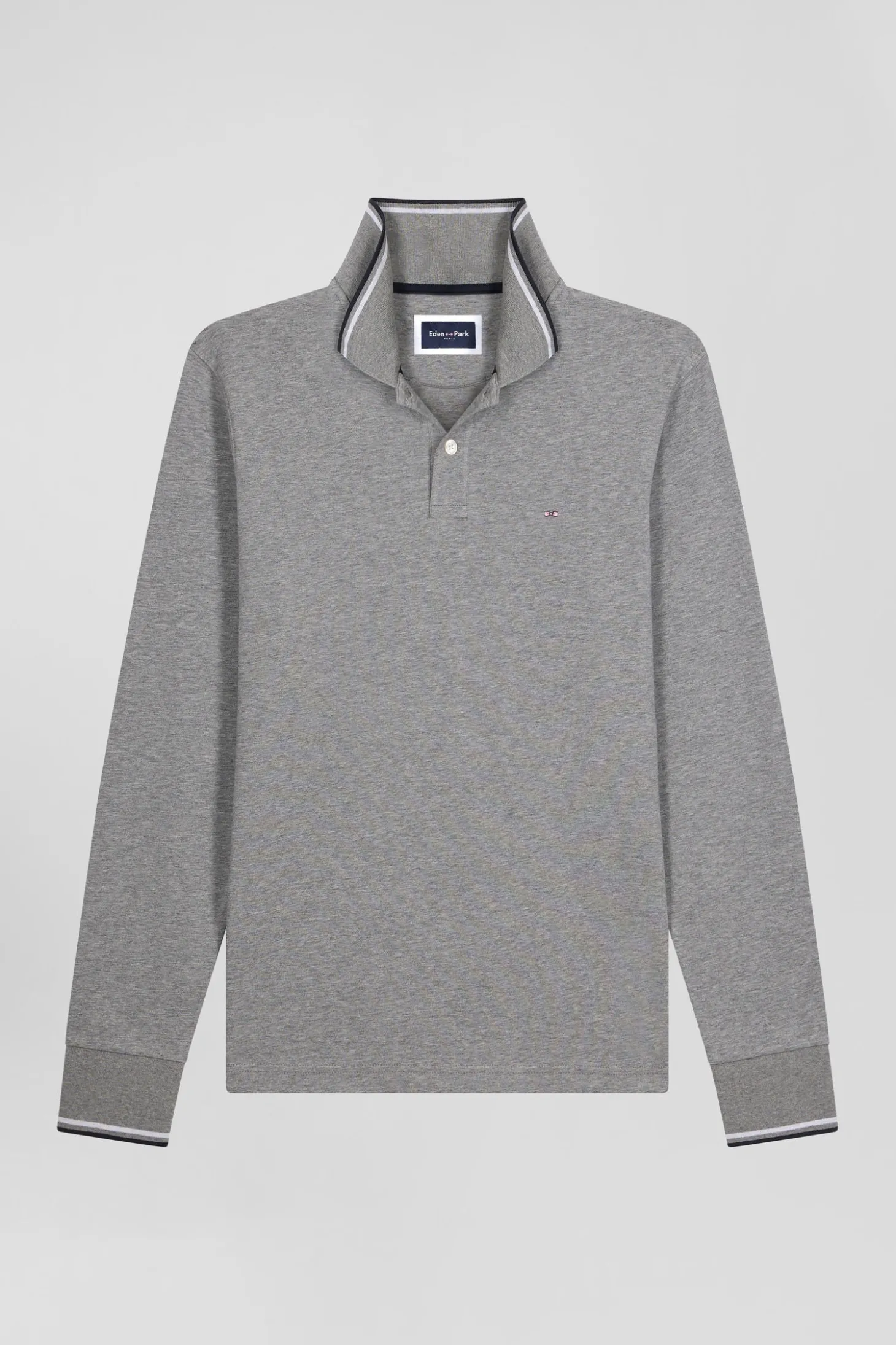 Polo manches longues gris en coton stretch finitions rayées