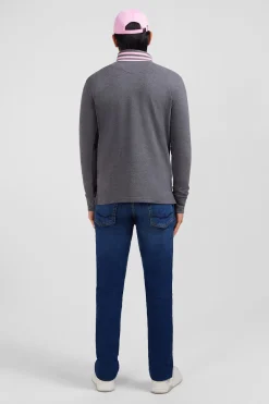 Polo manches longues gris en coton avec col contrasté