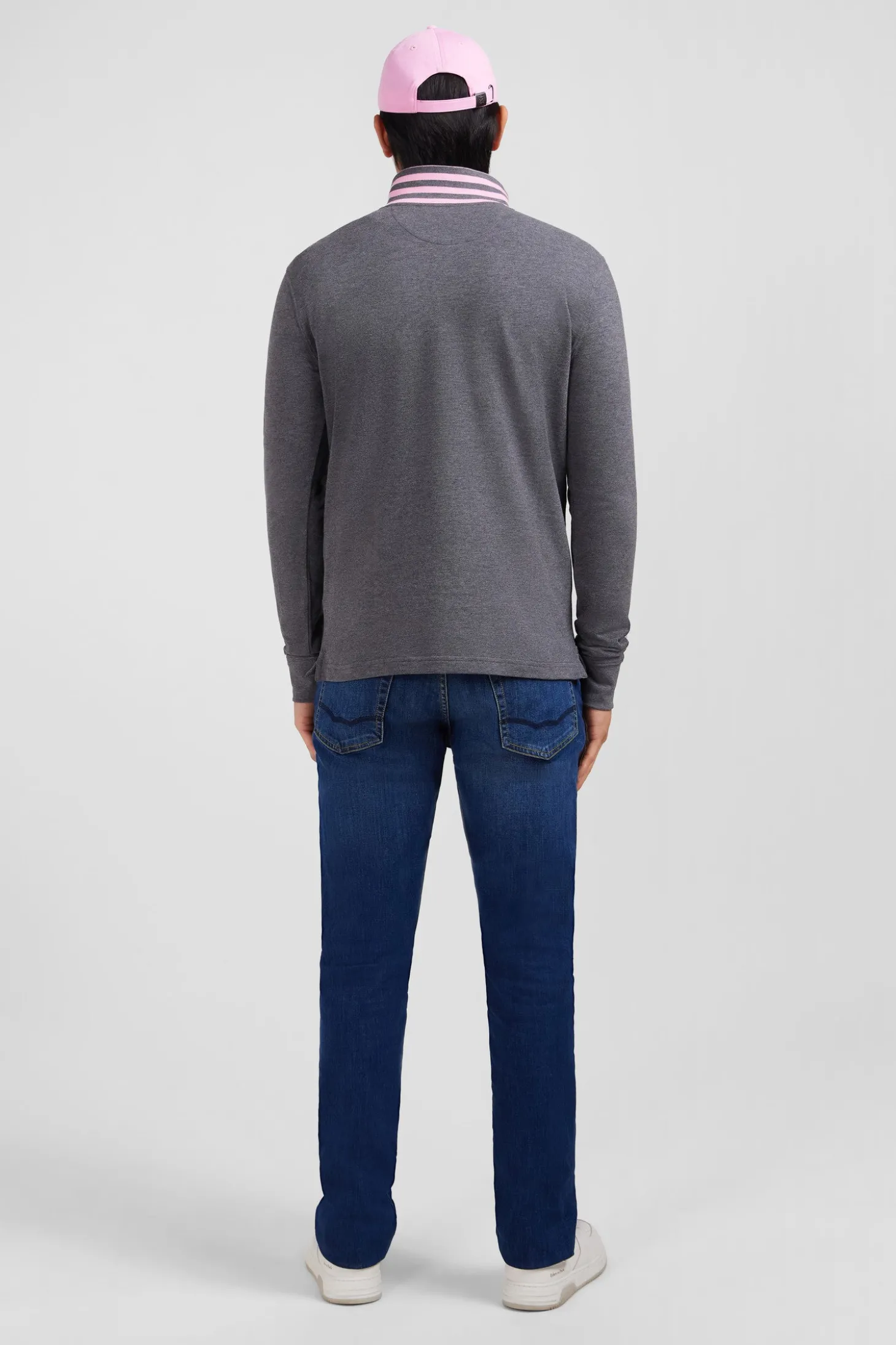 Polo manches longues gris en coton avec col contrasté