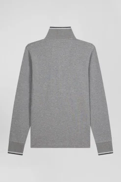 Polo manches longues gris en coton stretch finitions rayées