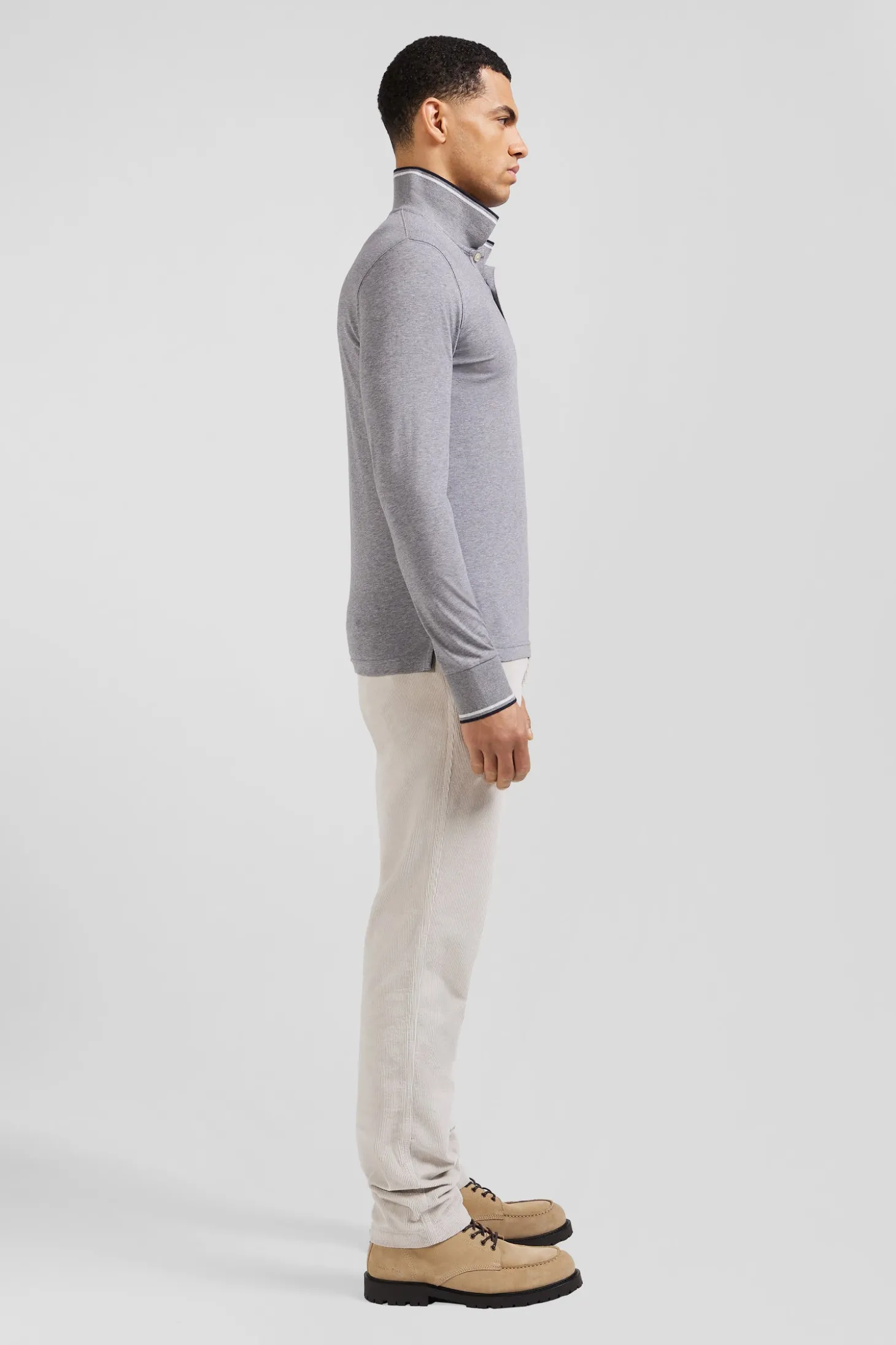 Polo manches longues gris en coton stretch finitions rayées